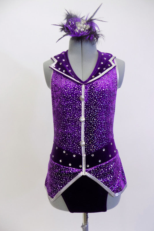 Purple sparkle halter leotard with silver, buttons & piping. Waistband and collar, are adorned with large  Swarovski crystals. Has crystal & feather hair piece.  Front