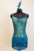 Sequined turquoise and green leotard has turquoise fringe skirt. Has a low back and double cross straps. Comes with feathered flapper headband (NEW) Front zoom