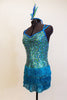 Sequined turquoise and green leotard has turquoise fringe skirt. Has a low back and double cross straps. Comes with feathered flapper headband  (NEW- never been worn) (4 available) Side