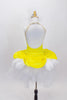 Yellow velvet overlay with white feathers rests on white tutu skirt. Matching leotard has large white crystal & feather accent &large white feather hair piece. Back
