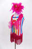 Bright striped  unitard has hot pink collar, large cupcake applique & large pink bow with crystals. There is an attached pink fringe skirt & feather hair piece.Side