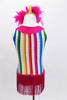 Bright striped  unitard has hot pink collar, large cupcake applique & large pink bow with crystals. There is an attached pink fringe skirt & feather hair piece. Back