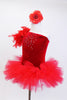 Deep red velvet one shoulder leotard has a cascade of crystals on front. Has a large boa feather spray off of the right shoulder & floral hair accessory. NEW Side
