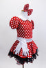 Red and white polk-a-dot dress has black petticoat with red sequin trim.Has white belt,collar & gloves. Comes with matching polk-a-dot hair bow. Side