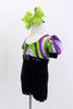 Child unitard has black velvet bottom & purple and green swirled bodice with crystal accent band.Has pouf sleeves,crystal accents & large green crystalled bow. Side