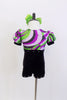 Child unitard has black velvet bottom & purple and green swirled bodice with crystal accent band.Has pouf sleeves,crystal accents & large green crystalled bow. Back
