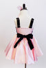 Pink satin dress is scalloped over white petticoat withk bows. Bodice has  black sequined lace overlay with pink crystals Has crystal covered pink hair bow. NEW Back