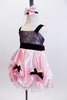 Pink satin dress is scalloped over white petticoat withk bows. Bodice has  black sequined lace overlay with pink crystals Has crystal covered pink hair bow. NEW Side