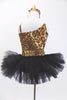 Cheetah print one shoulder tank leotard has pull-on black tutu. Fringed overlay can be worn separately. Has crystal broach accent & matching hair accessory NEW. Back