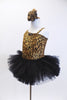 Cheetah print one shoulder tank leotard has pull-on black tutu. Fringed overlay can be worn separately. Has crystal broach accent & matching hair accessory NEW. Side