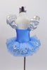 Pale lavender satin front bodice leotard has blue back & silver pouf sleeves. Come with a pale blue pull on tutu with silver sequin edges & two satin hair bows. Back