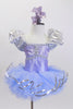 Pale lavender satin front bodice leotard has blue back & silver pouf sleeves. Come with a pale blue pull on tutu with silver sequin edges & two satin hair bows. Front