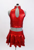 Red high neck half top has front crystal applique &layers of red fringe. Comes with hip skirt & attached panty. Has crystal accents & red floral hair accessory. Back