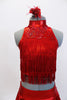 Red high neck half top has front crystal applique &layers of red fringe. Comes with hip skirt & attached panty. Has crystal accents & red floral hair accessory. Front zoom