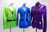 The bright green metallic mechanic style jump suit unitard has long sleeves, crystalled collar & jeweled zipper. Comes with crystal  belt & sequined hair accessory. Shwn with Purple and Blue