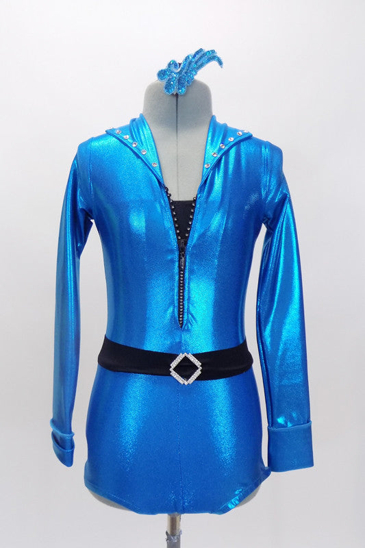 The bright blue metallic mechanic style jump suit unitard has long sleeves, crystalled collar & jeweled zipper. Comes with crystal  belt & sequined hair accessory Front
