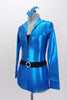 The bright blue metallic mechanic style jump suit unitard has long sleeves, crystalled collar & jeweled zipper. Comes with crystal  belt & sequined hair accessory. Side