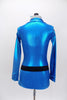 The bright blue metallic mechanic style jump suit unitard has long sleeves, crystalled collar & jeweled zipper. Comes with crystal  belt & sequined hair accessory. Back