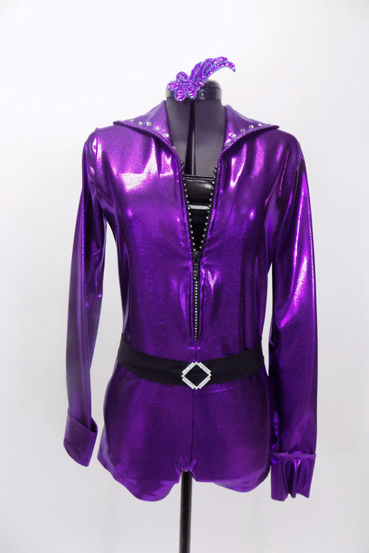 The bright purplr metallic mechanic style jump suit unitard has long sleeves, crystalled collar & jeweled zipper. Comes with crystal  belt & sequined hair accessory. Front