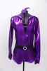 The bright purplr metallic mechanic style jump suit unitard has long sleeves, crystalled collar & jeweled zipper. Comes with crystal  belt & sequined hair accessory. Front