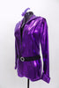 The bright purple metallic mechanic style jump suit unitard has long sleeves, crystalled collar & jeweled zipper. Comes with crystal  belt & sequined hair accessory. Side