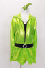 The bright green metallic mechanic style jump suit unitard has long sleeves, crystalled collar & jeweled zipper. Comes with crystal  belt & sequined hair accessory. Front