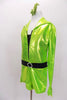 The bright green metallic mechanic style jump suit unitard has long sleeves, crystalled collar & jeweled zipper. Comes with crystal  belt & sequined hair accessory. Side