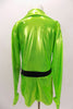 The bright green metallic mechanic style jump suit unitard has long sleeves, crystalled collar & jeweled zipper. Comes with crystal  belt & sequined hair accessory. Back