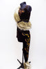 Brown one shoulder unitard has long sleeve. Has hand painted deigns of gold-copper swirls & crystals. There is a fur cuff on l calf of covered leg & fur sash. Left side