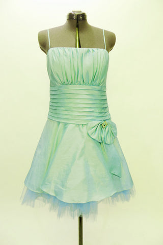 Mint green lined & boned taffeta Chicas mini dress has spaghetti straps and ruched bust area Wide pleated satin waistband has a large bow with crystal accents. Front