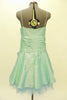 Mint green lined & boned taffeta Chicas mini dress has spaghetti straps and ruched bust area Wide pleated satin waistband has a large bow with crystal accents. Back