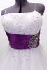White curly edge tulle boned dress has ruched purple satin waist band with large jewel accents. There is scattered amethyst Swarovski crystals throughout dress. Front Zoom