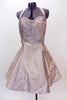 Unique Fashion Crimes dress with crinoline underskirt and halter collar. Blush pink and charcoal dress has pale pink beaded lace applique and Swarovski crystals. Front