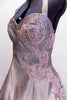 Unique Fashion Crimes dress with crinoline underskirt and halter collar. Blush pink and charcoal dress has pale pink beaded lace applique and Swarovski crystals. Side Zoomed