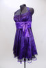 Purple halter  A-line knee length dress has black lace overlay & purple satin piping on petticoat. Has wide pleated  waistband with large satin bow under bust. Side