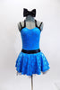 Bright aqua-blue patterned leotard dress has black waistband, double shoulder straps and a matching black hair bow. Front