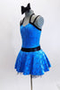 Bright aqua-blue patterned leotard dress has black waistband, double shoulder straps and a matching black hair bow. Side