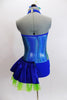 Iridescent blue/silver/green swirled metallic halter style unitard has blue bottom with attached skirt on left hip. Comes with matching blue hair accessory. Back