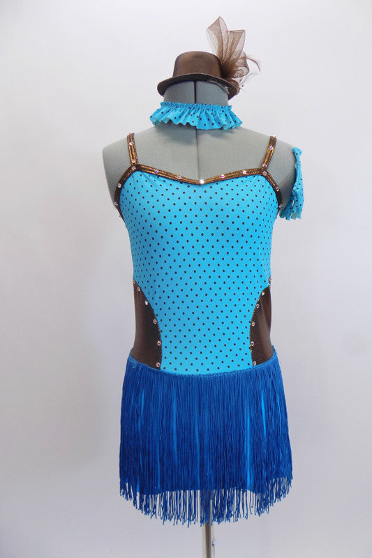 Pale blue & pewter leotard dress has tiny brown polk-a-dots on front. The skirt is  turquoise fringe. Comes with gauntlets, choker & small  pewter top hat. Front