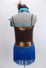 Pale blue & pewter leotard dress has tiny brown polk-a-dots on front. The skirt is  turquoise fringe. Comes with gauntlets, choker & small  pewter top hat. Back