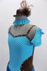 Pale blue & pewter leotard dress has tiny brown polk-a-dots on front. The skirt is  turquoise fringe. Comes with gauntlets, choker & small  pewter top hat. Front Zoom