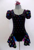 Black velvet dress has pouf sleeves & open front skirt with tulle layers. Glitter colour designs in diamonds & dots cover the dress. Comes with hair accessory. Front
