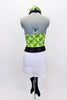 Green 60’s inspired halter neck leotard has attached stretch white skirt with belt & crystal buckle. Comes with matching headband and pull on go-go boot covers. Back