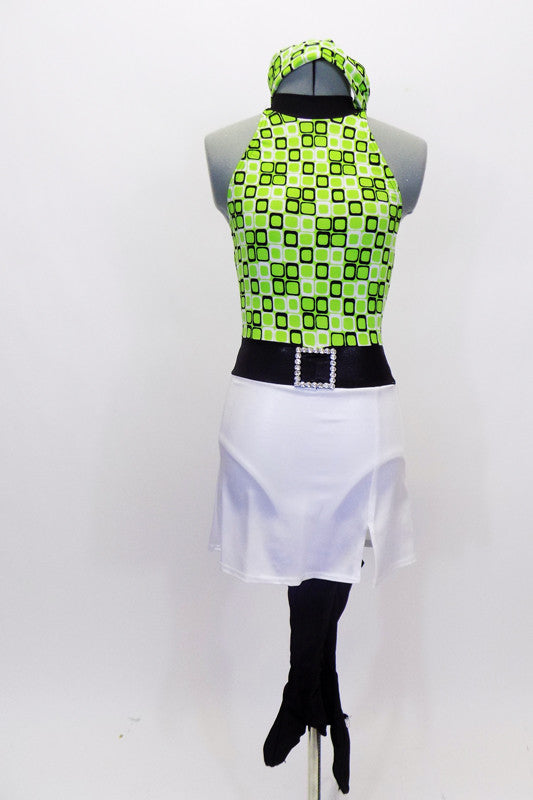 Green 60’s inspired halter neck leotard has attached stretch white skirt with belt & crystal buckle. Comes with matching headband and pull on go-go boot covers. Front