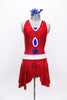 Red sparkle stretch leotard dress had halter type collar with white piping. The dress has blue peek-a-boo inserts, a blue star & matching blue hair accessory. Front