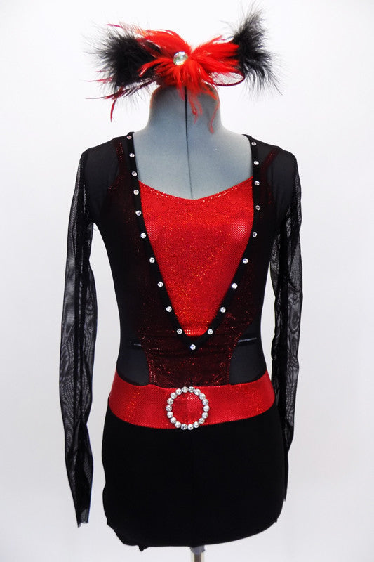 Long sleeved, black mesh, unitard, has black velvet bottom &  red sparkle half-top below the mesh, matching red & black jewel hair piece.  Front zoom
