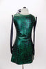 Green and black shiny crocodile skin inspired tank dress had separate black bottom. Comes with long black gloves and black feather hair accessory. Back