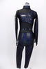 Black and blue iridescent full unitard has high collar enclosed with sheer black mesh at top & side. Has sheer attached bat-wing on left arm. Front