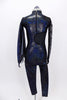 Black and blue iridescent full unitard has high collar enclosed with sheer black mesh at top & side. Has sheer attached bat-wing on left arm. Back