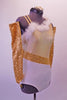Gold & white single shoulder leotard has a light gold shimmery bust & white bottom separated by a gold sequin angled gold straps banded at the waist. The bust is lined with white marabou feather. The right shoulder has double straps that angle out at the back. Comes with gold sequined gauntlets & hair accessory. Right side